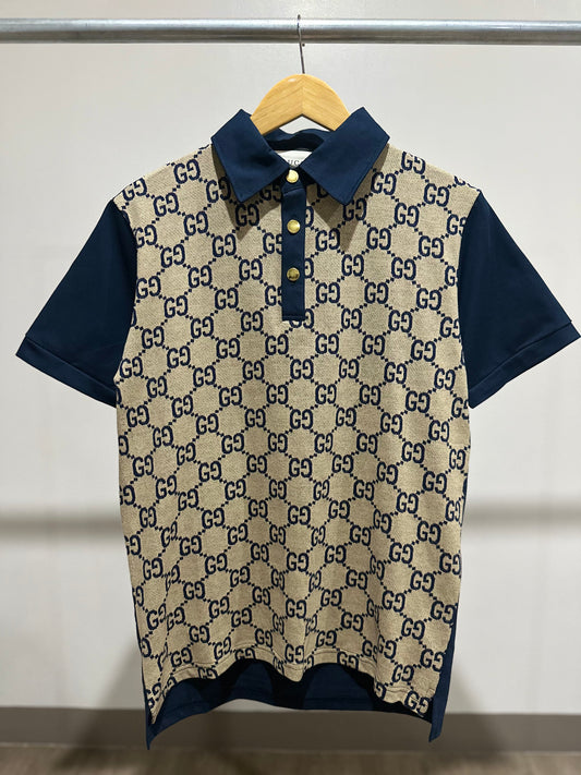 Gucci Maxi Silk Cotton Polo Shirt (Beige & Blue)