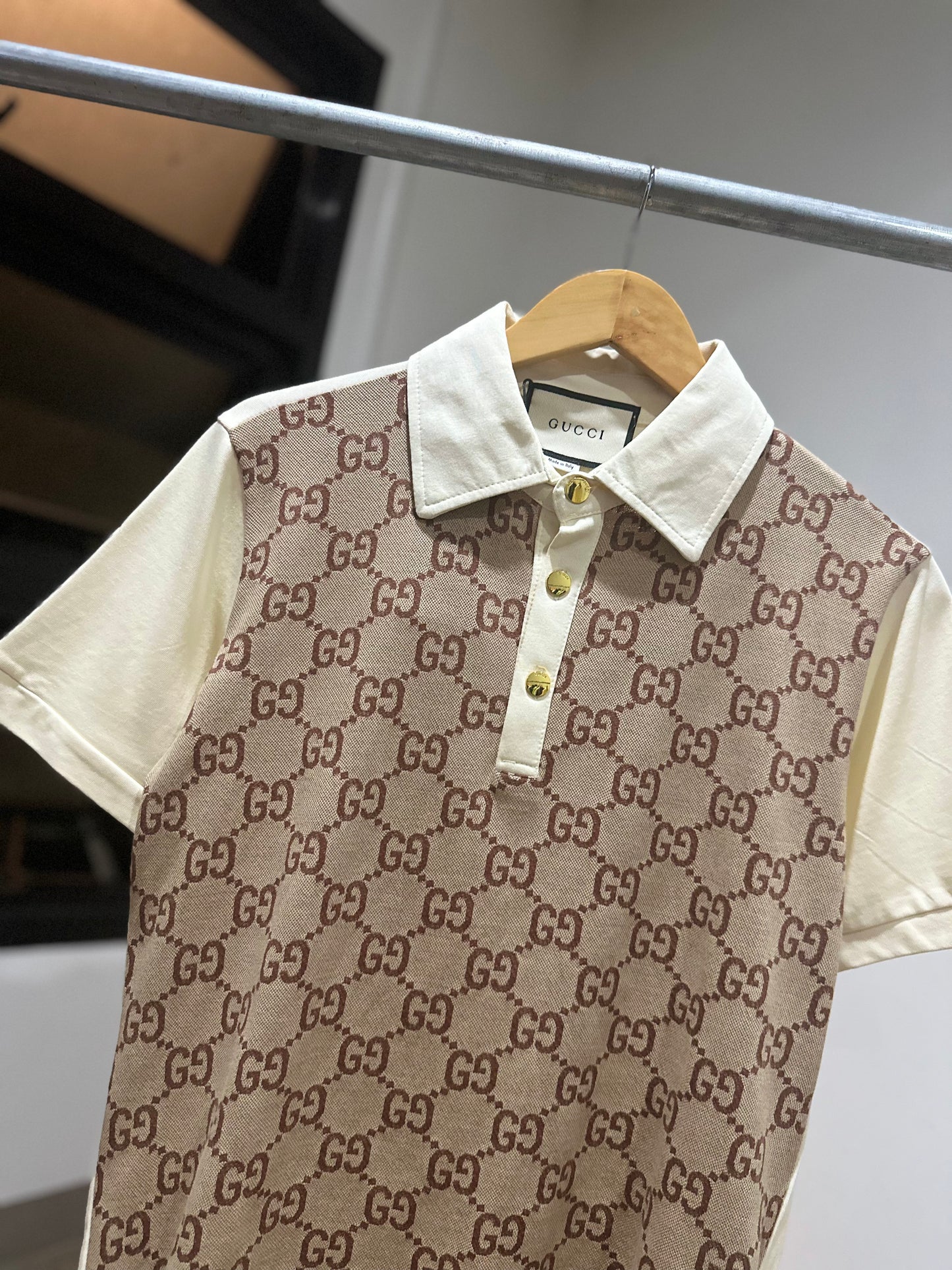 Gucci Cotton Silk Jaquard Polo Shirt (Beige/Ebony)