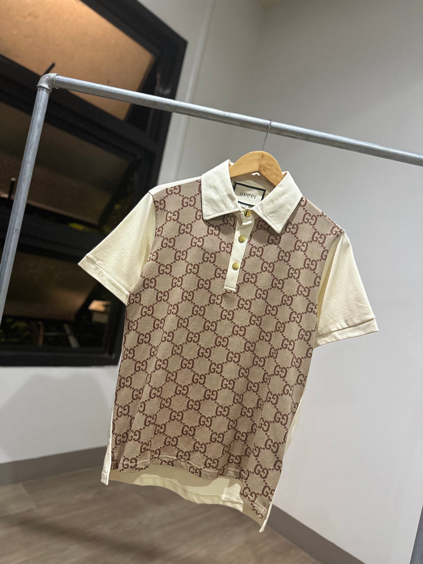 Gucci Cotton Silk Jaquard Polo Shirt (Beige/Ebony)