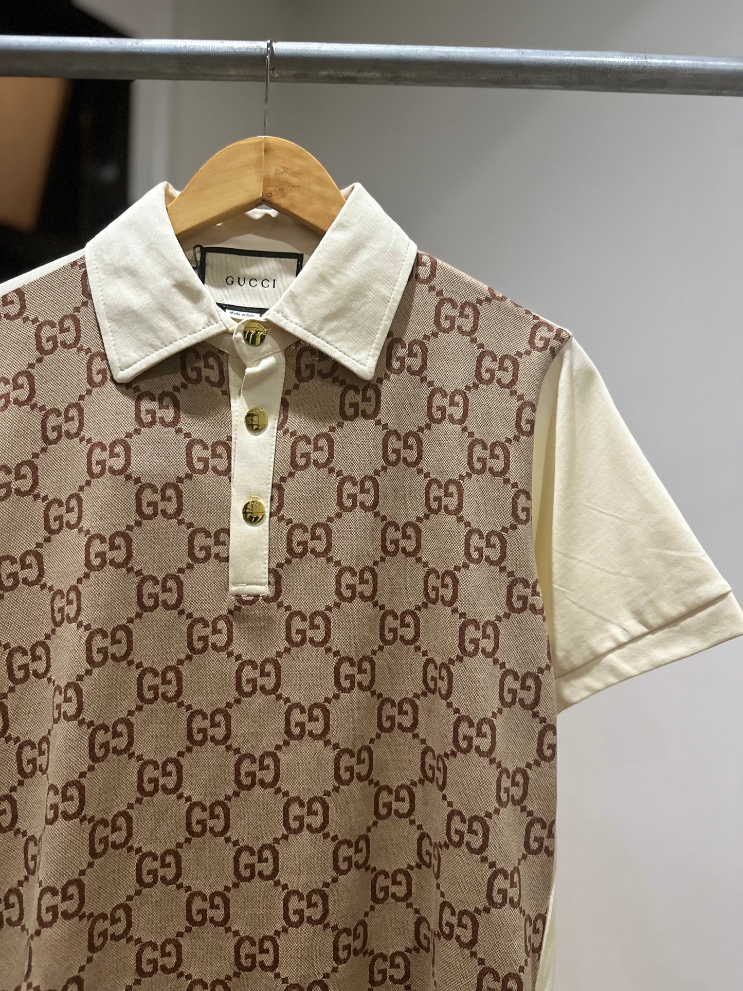 Gucci Cotton Silk Jaquard Polo Shirt (Beige/Ebony)