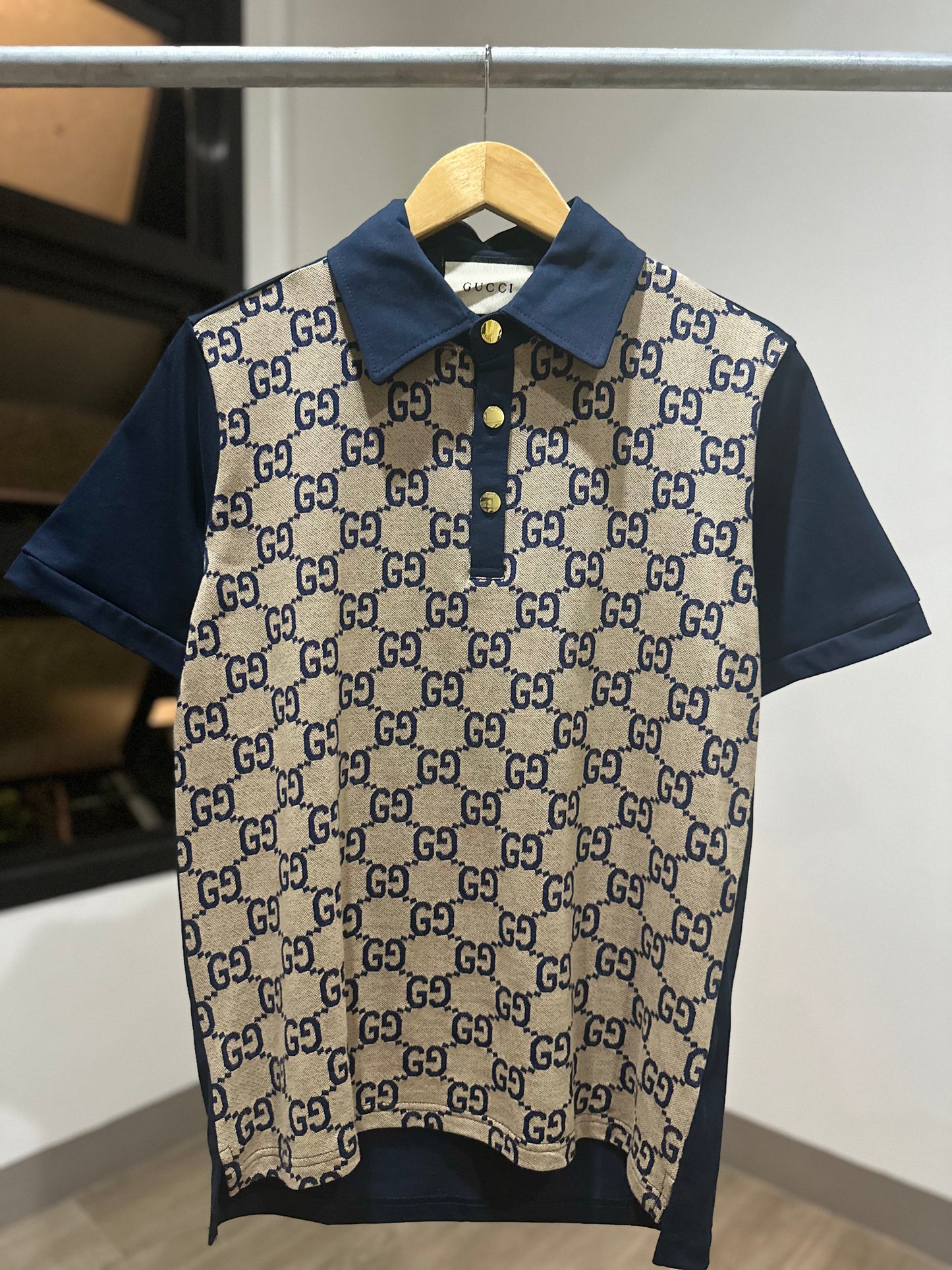 Gucci Maxi Silk Cotton Polo Shirt (Beige/Blue)