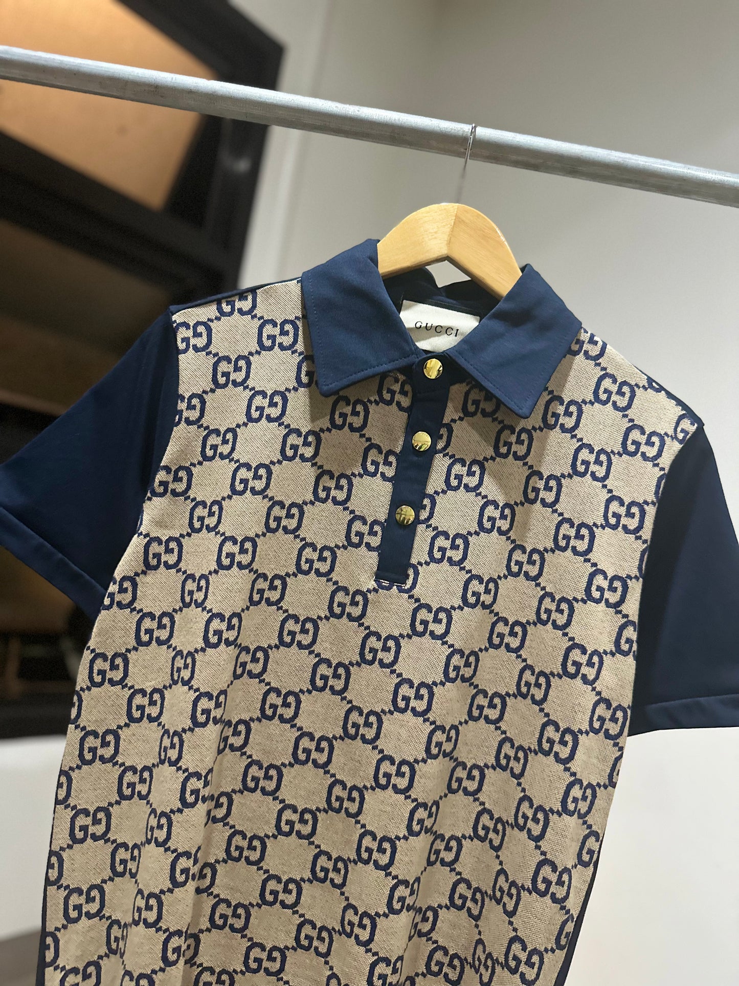 Gucci Maxi Silk Cotton Polo Shirt (Beige/Blue)