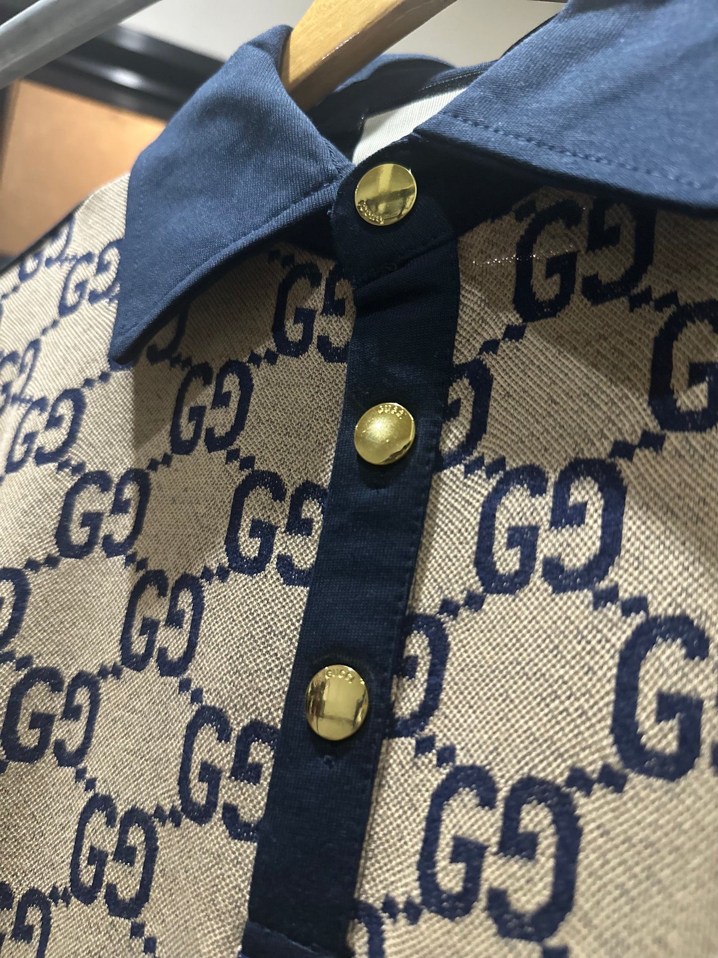 Gucci Maxi Silk Cotton Polo Shirt (Beige/Blue)